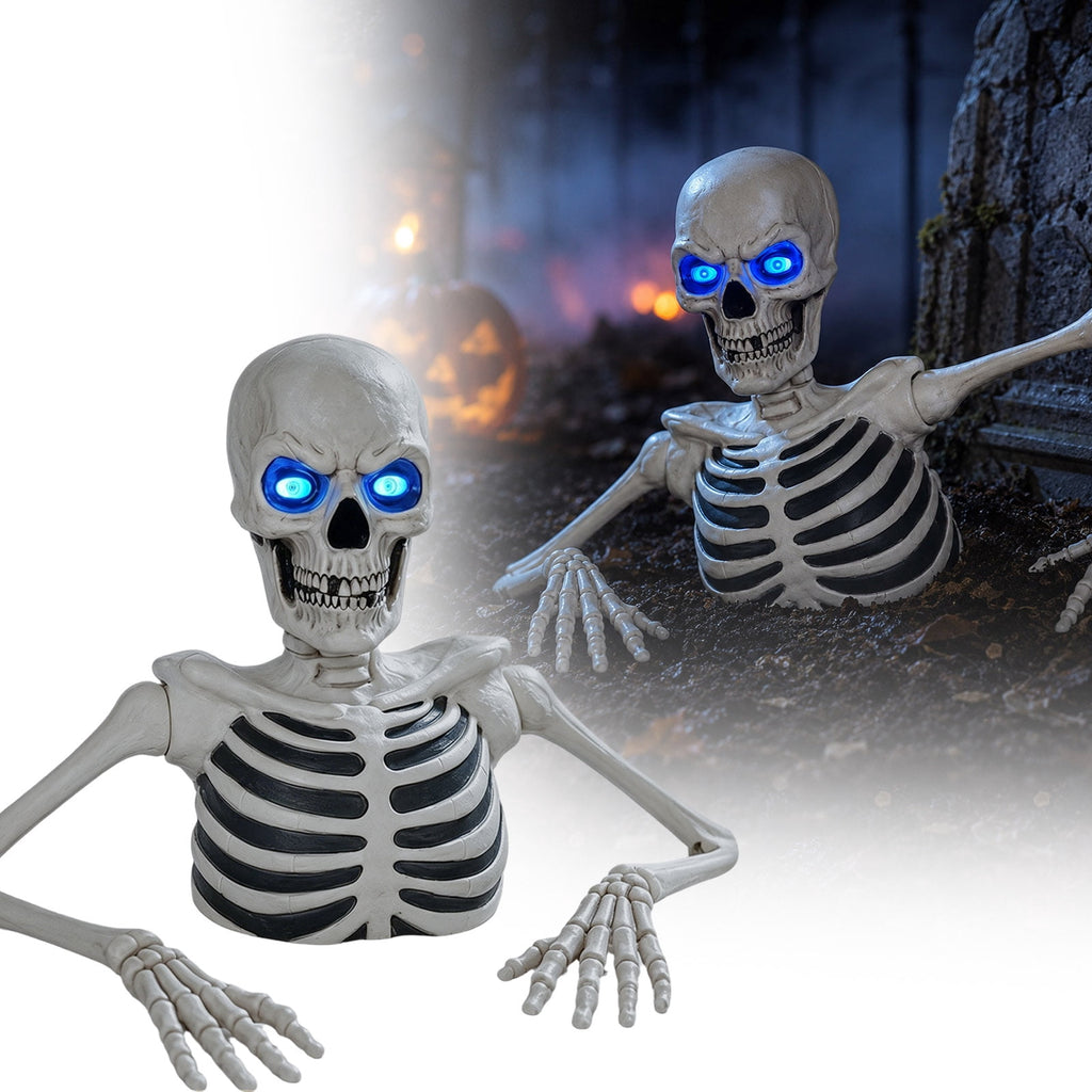 Halloween Giant Ground Breaking Skeleton with LCD Moving Eyes Halloween Dynamic Skeleton Decor Light-Up Ground Breaking Skeleton Scary Skull Stakes for Garden Lawn Holiday Decor