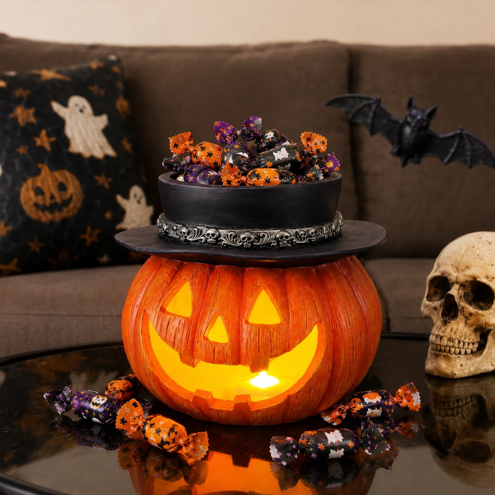 Light Up Pumpkin Candy Bowl with Witch Hat, LED Jack O Lantern Tabletop Decor, Spooky Resin Storage Container for Home Halloween Party