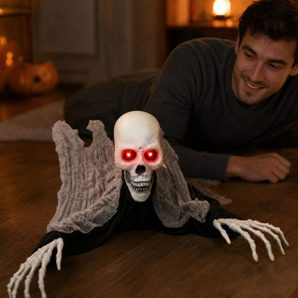 Sound Activated Crawling Skeleton Prop 90 cm, Halloween Moving Head and Hands with Glowing Red Eyes and Sounds, Battery Operated Indoor Outdoor Decor
