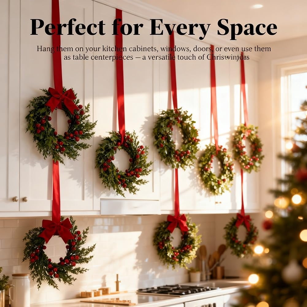 Christmas Mini Wreaths, Set of Small Artificial Pine Cabinet Rings with Bows & Berries, Holiday Door & Window Decor, Hanging Indoor Outdoor Christmas Decorations (Black/Red Check, 10PCS)