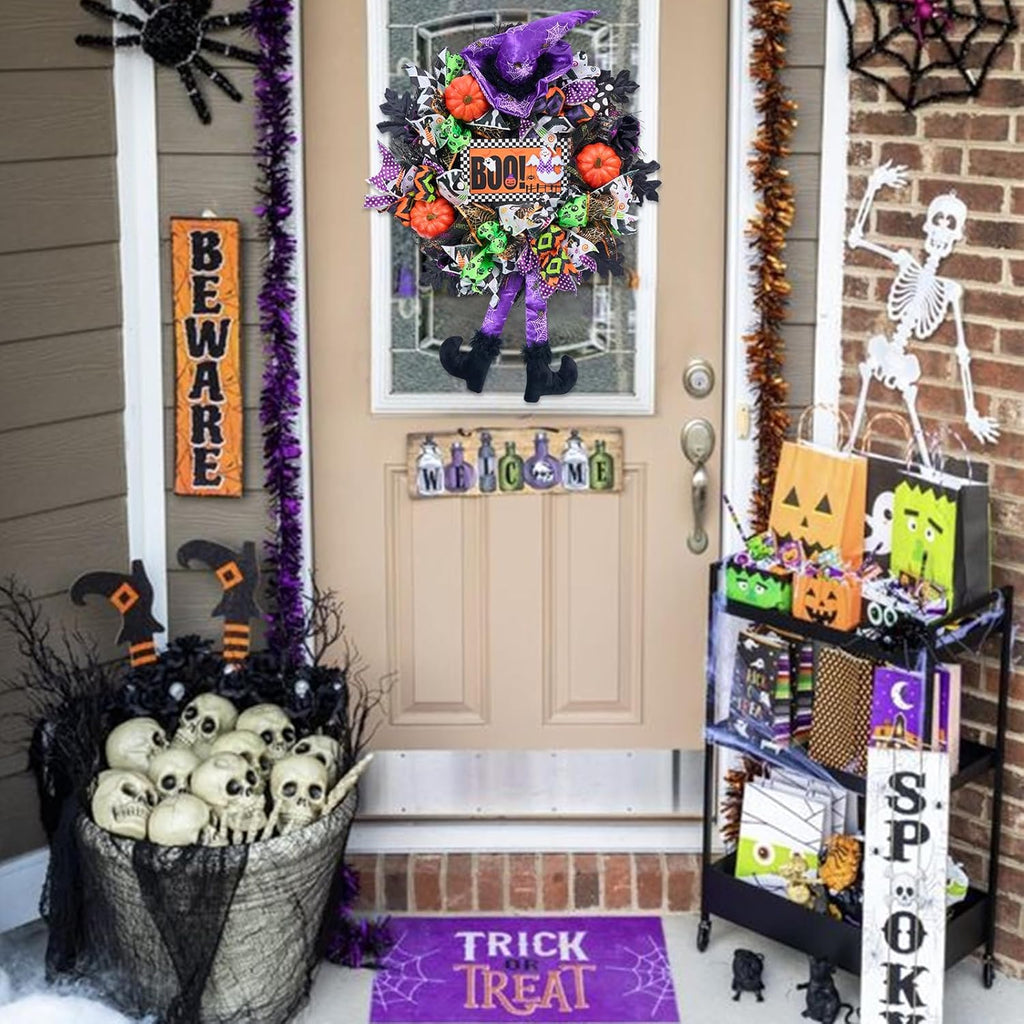 Halloween Wreath for Front Door,20 inch Whimsical mesh Wreath with Witch | Fun whimsical witch design,purple‑green‑orange palette,outdoor porch,wall & indoor decor,festive Halloween home decoration