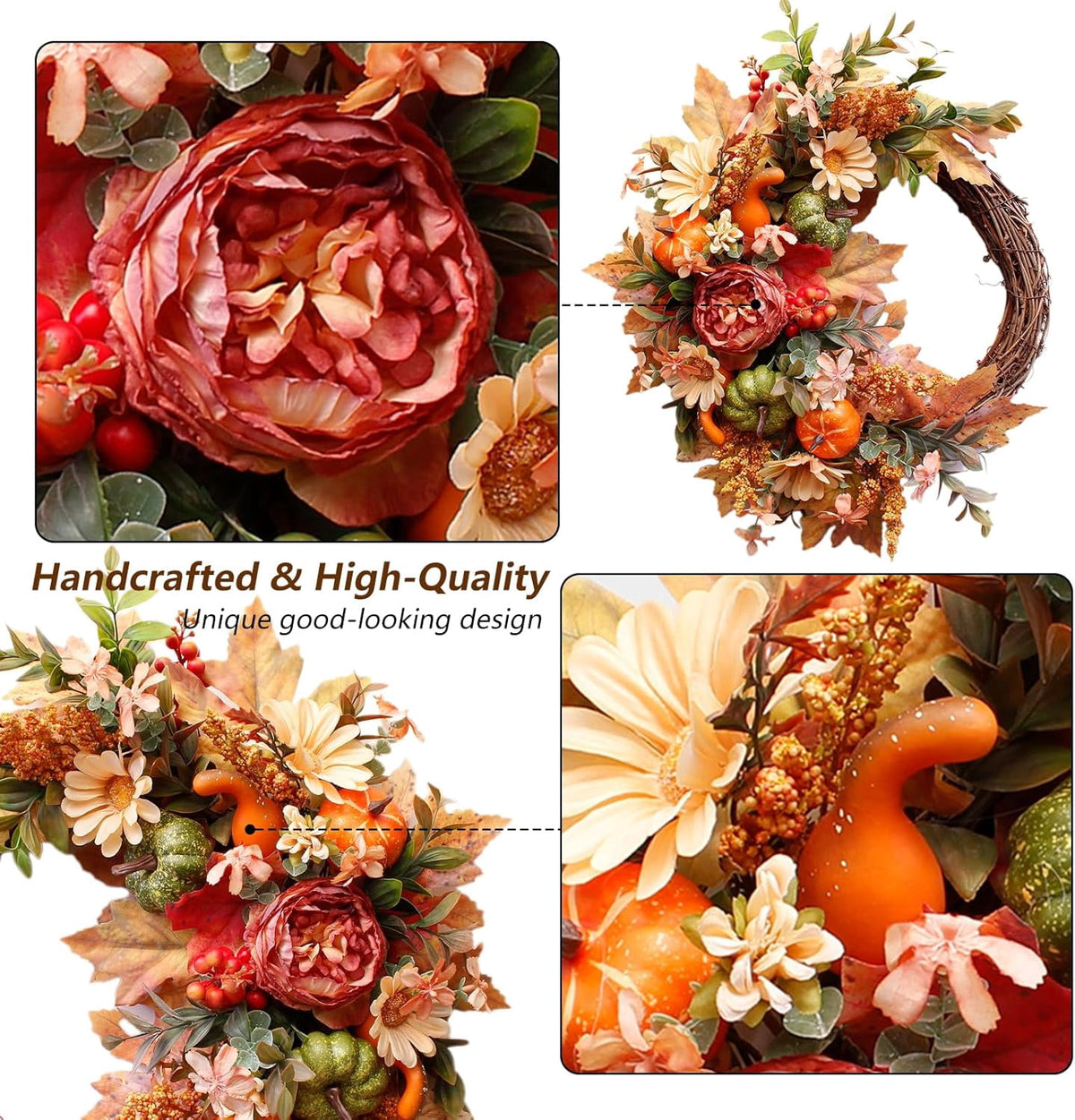 24 Inch Fall Wreaths for Front Door Outside, Fall Door Wreath with Pumpkins,Dahlia,Sunflowers, Maple Leaves,Autumn Wreaths Decorations for Harvest Thanksgiving Halloween Indoor Outdoor Home Decor