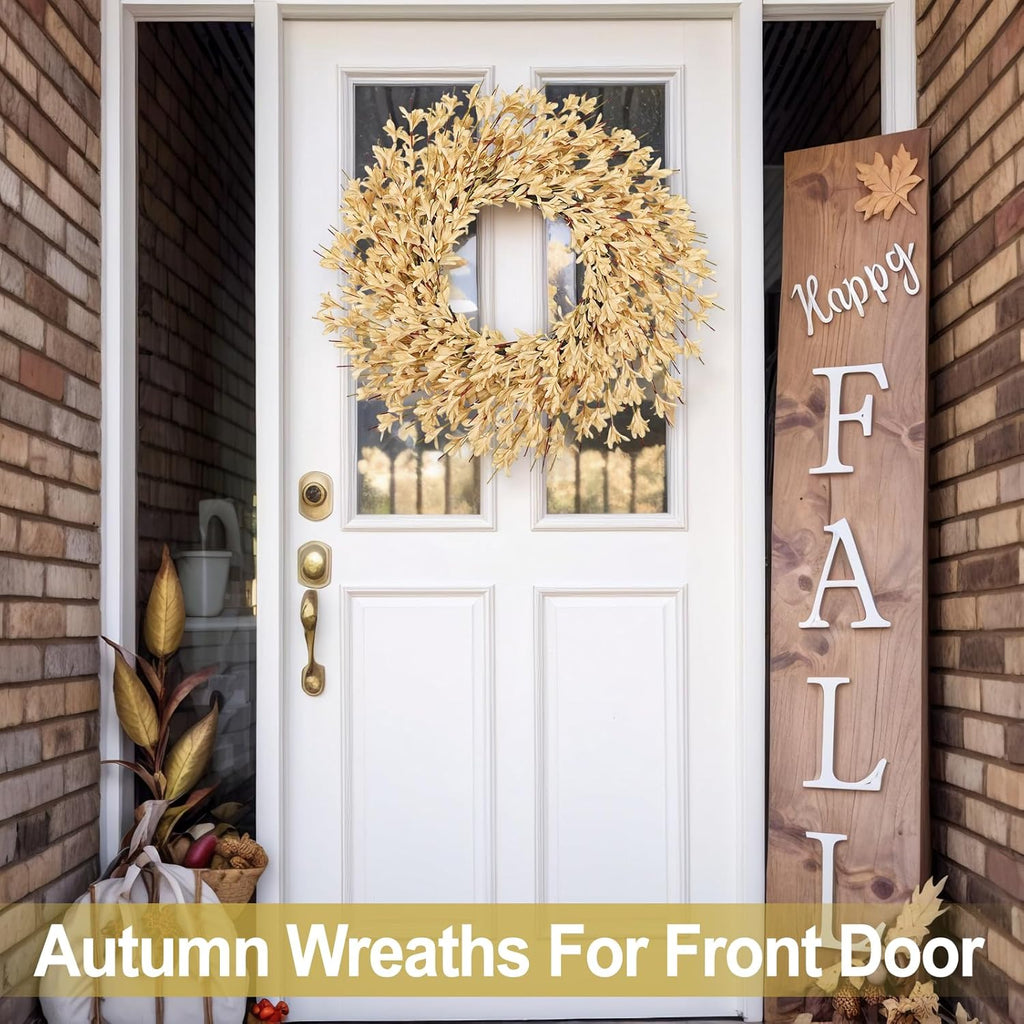 26 Inch Realistic Fall Wreaths for Front Door Outside Autumn Wreath Outdoor Indoors Fall Decorations for Home Thanksgiving Halloween Holiday Decorations Clearance for Wall Porch Door (Wheat)
