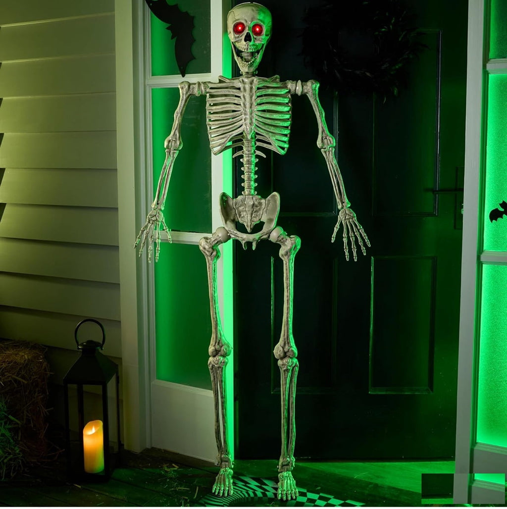 JOYIN 5FT Halloween Posable Skeleton with LED Red Glowing Eyes