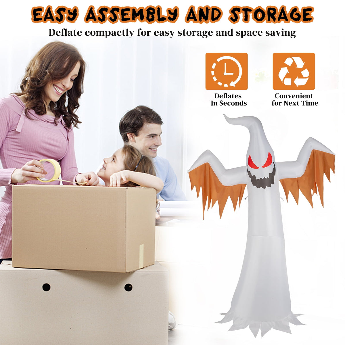 12ft Halloween Inflatable Scary Ghost with Flames and Flashing Red Eyes