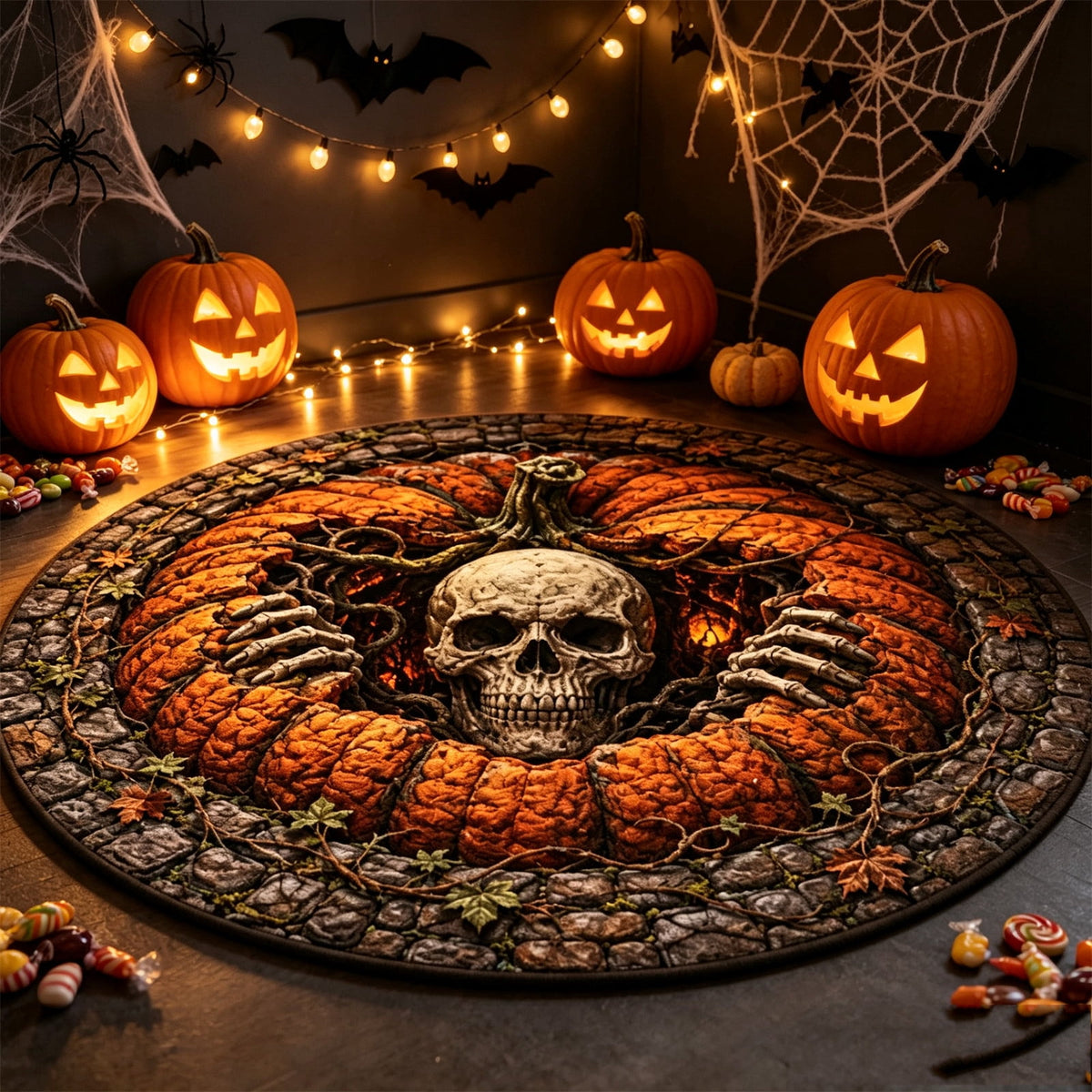 2Pcs 3D Round Halloween Doormat Set – Witch Hat Black Cat & Pumpkin Skull Design, Non-Slip Polyester Entry Mat For Indoor/Outdoor, Spooky Cute Fall Decor, Perfect Gift (48X48") 2026