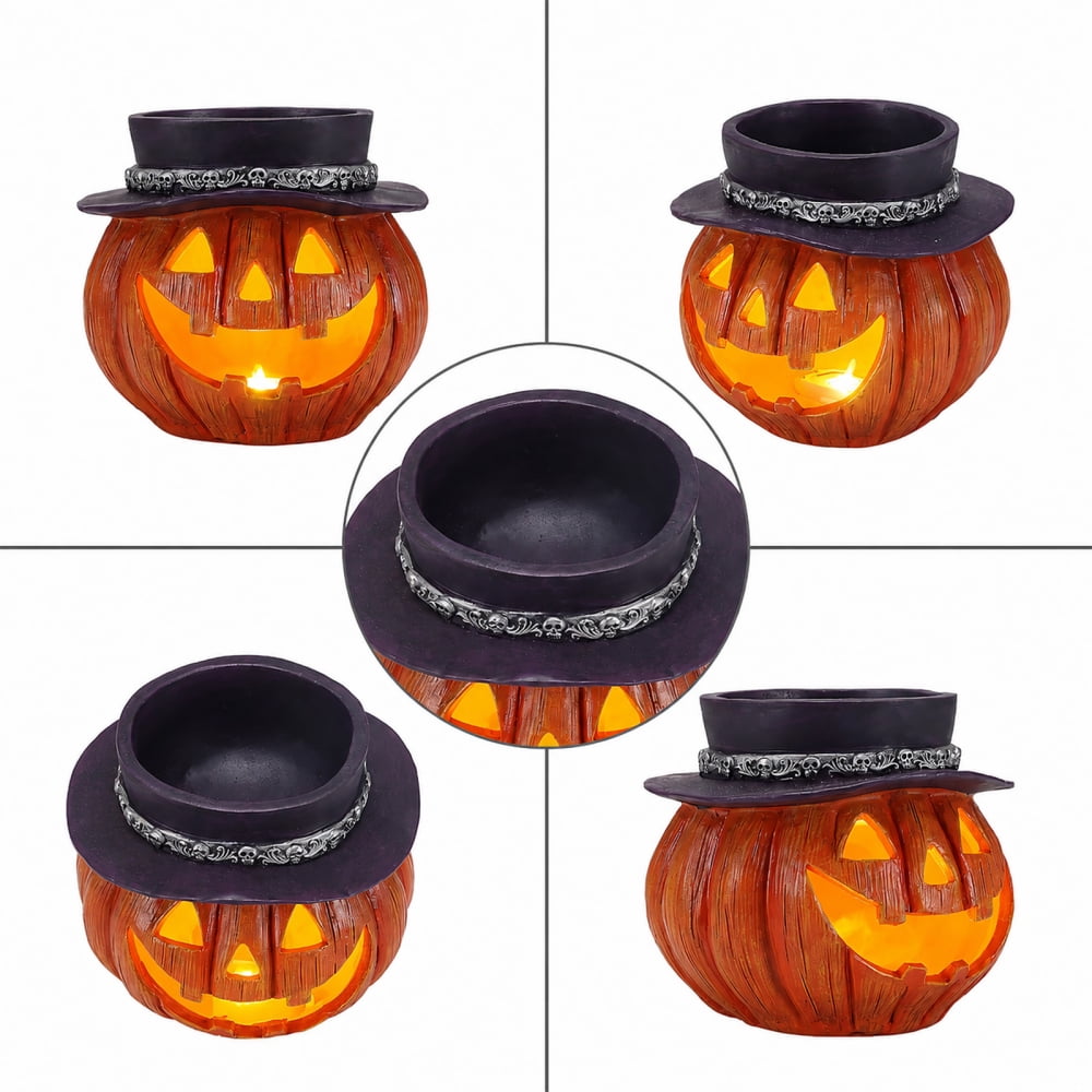 Light Up Pumpkin Candy Bowl with Witch Hat, LED Jack O Lantern Tabletop Decor, Spooky Resin Storage Container for Home Halloween Party