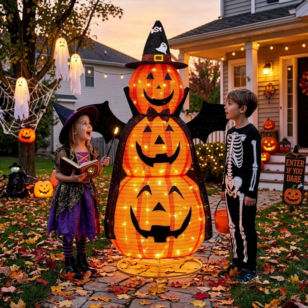 Alvantor 5 ft Lighted 3-Tier Pop-Up Pumpkin Halloween Decoration with Witch Hat, Cape, Bat Wings and 130 Warm White LEDs, Orange