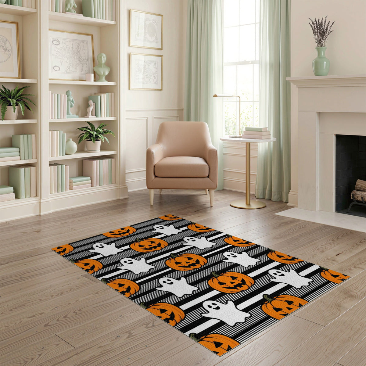 ODIKA Halloween Spooky Pumpkin Phantom Striped Entrance Door Doormat for Playroom, Bedroom, Reading Nook, Pet Friendly & Kids Safe Play