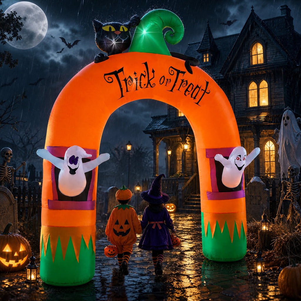 VETPW 10FT Large Halloween Inflatable Archway Decoration, Halloween Blow Up Lighted Archway with Ghost & Black Cat & Cornucopia, Trick & Treat Yard Garden Patio Lawn Outside Decor