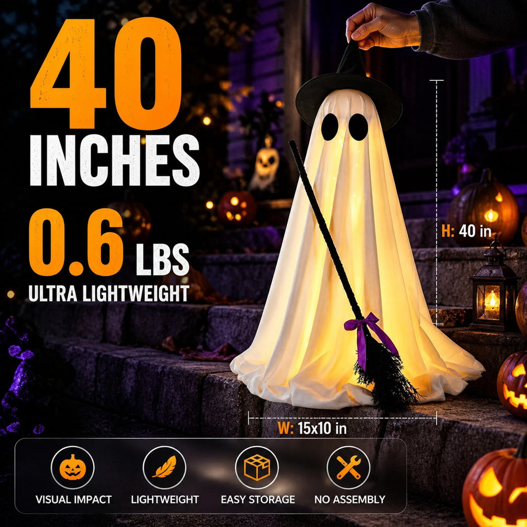 Standing Light Up Ghost with Witch Broom 40 In White 1 Pack