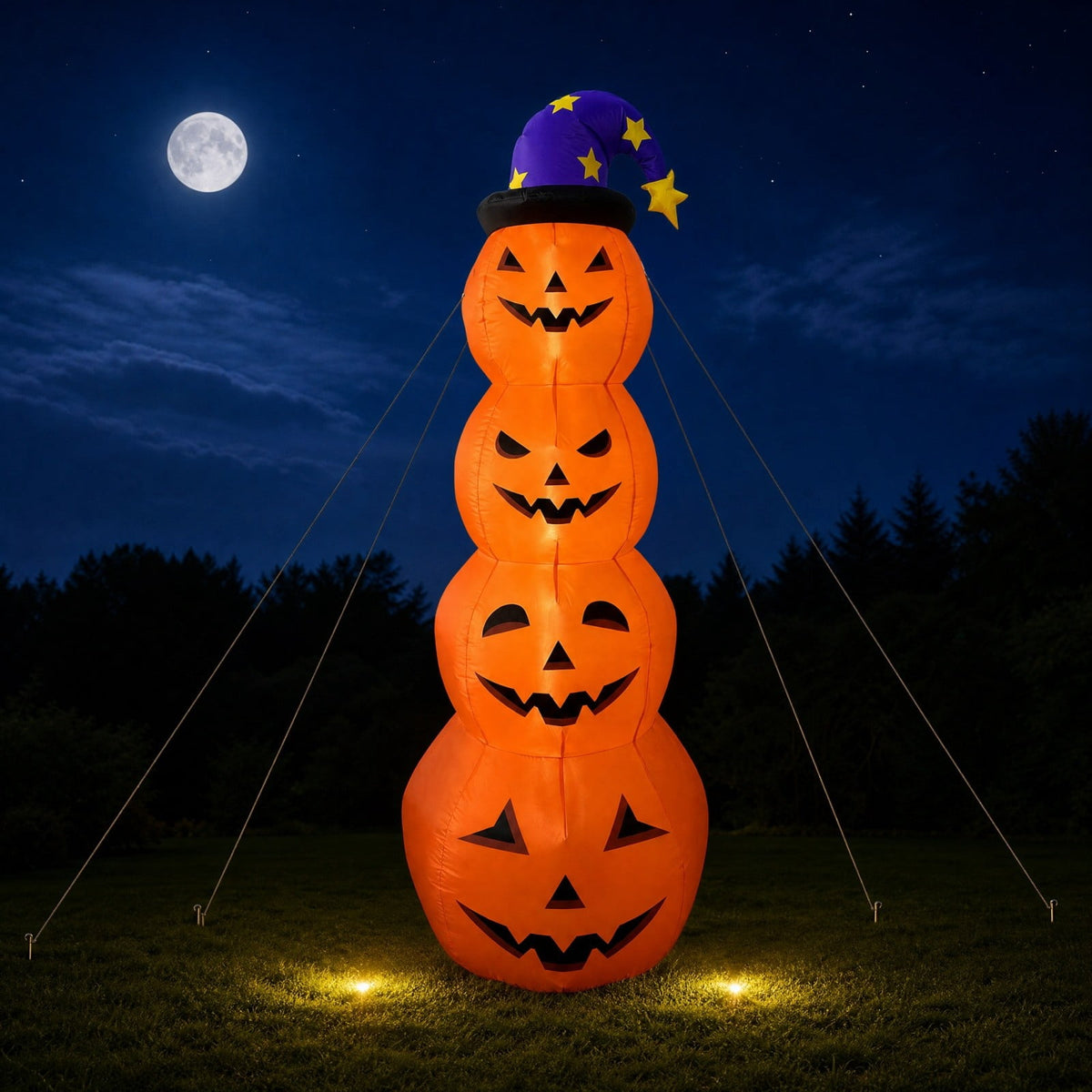 8FT Halloween Inflatable Pumpkin Decoration, Stacked Pumpkin Tower with Wizard Hat and LED Lights, Waterproof Outdoor Yard Blow Up Decor for Front Porch Garden Party Haunted House Display