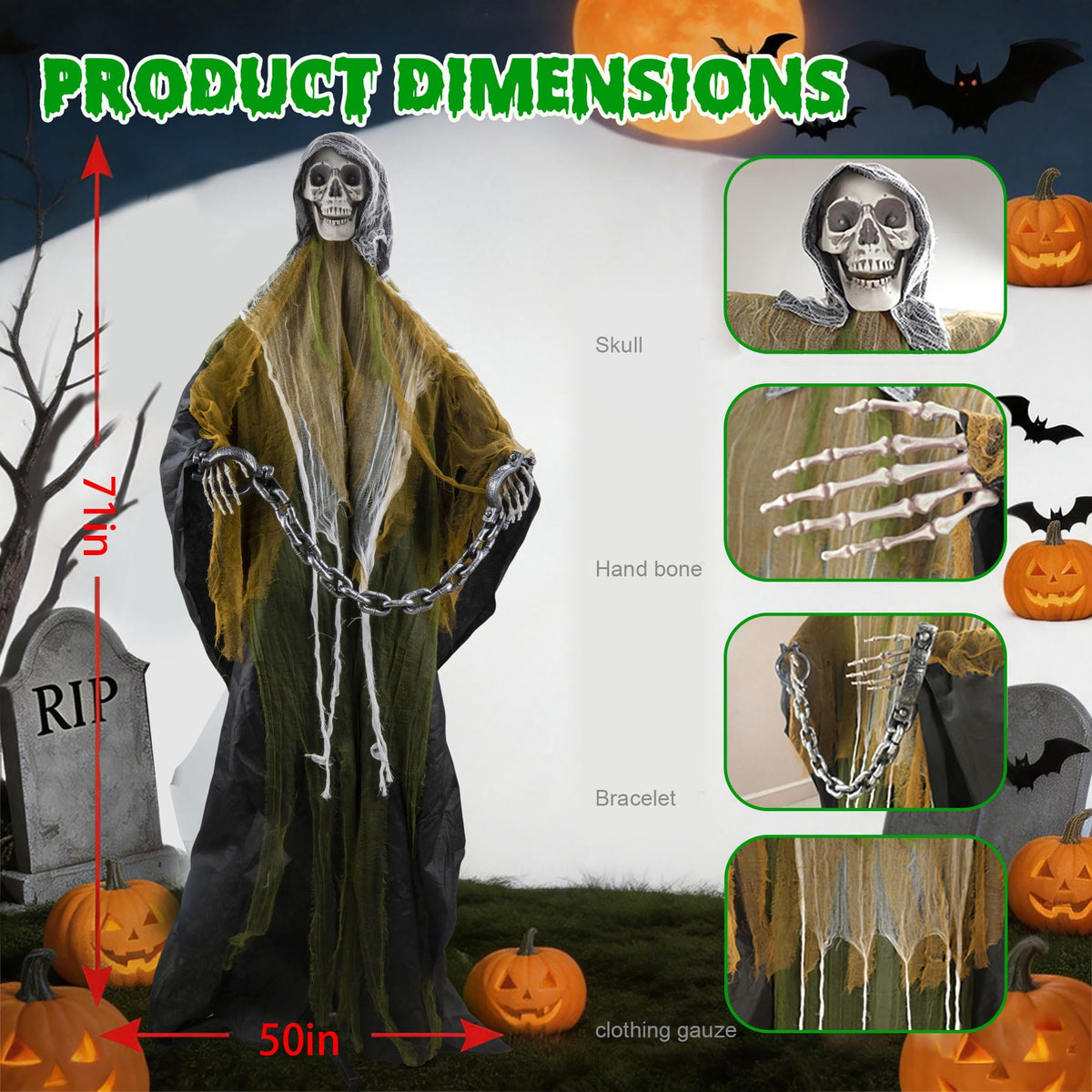 Magotan 6ft Halloween Outdoor Skeleton Ghost Decorations, Sound Controlled Swinging Scary Skeleton Ghost Halloween Decoration for Outdoor Garden Porch Yard Decor,Green