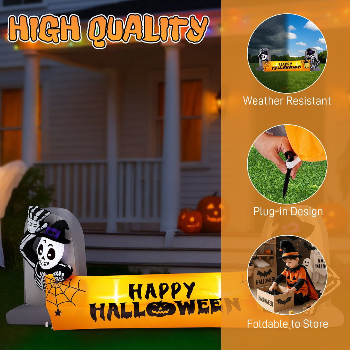 9.6FT Inflatable Skeleton Holding Happy Halloween Banner with LED Lights for Yard Garden Party