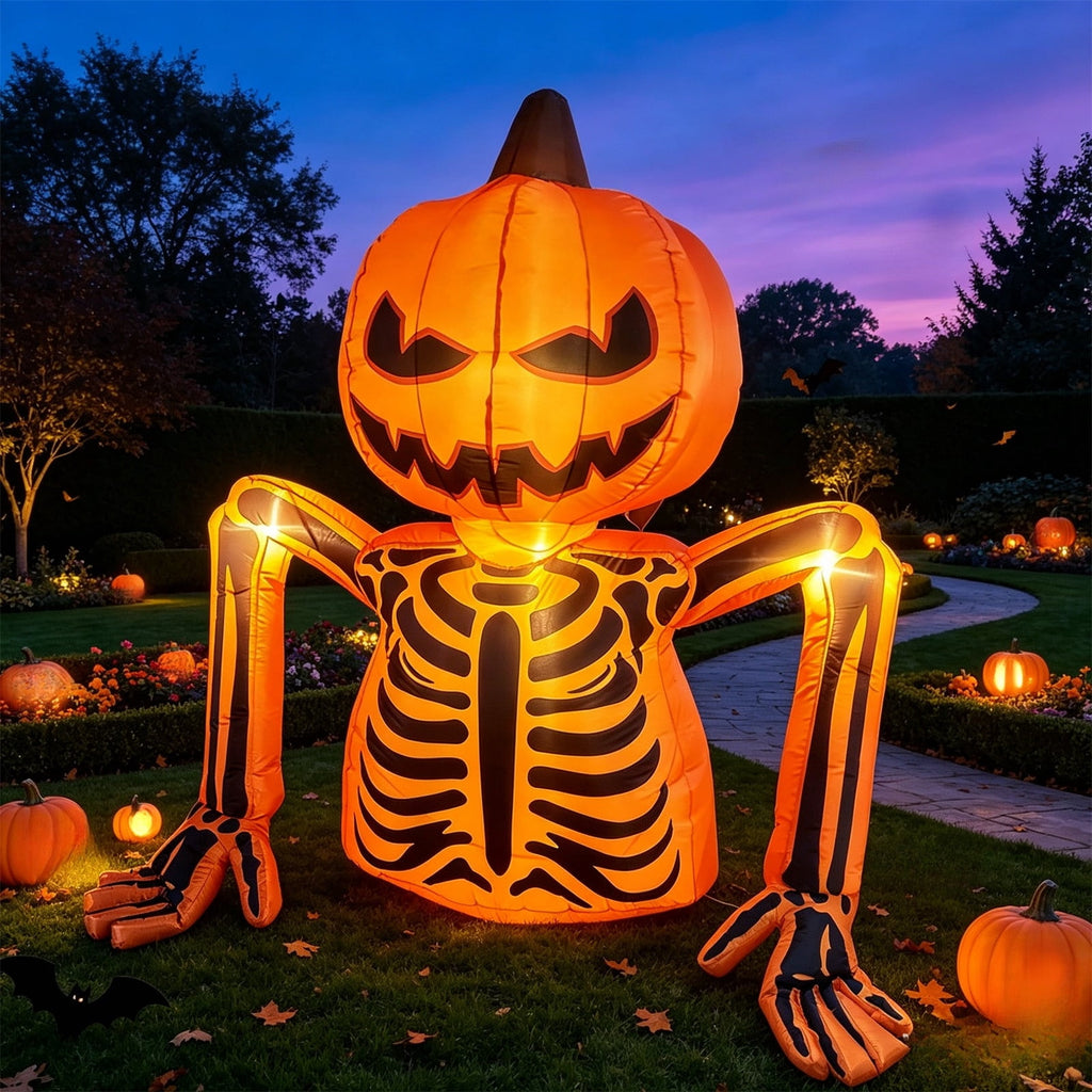 6ft Halloween Inflatable Skull Pumpkin with Built-In Lights, Glowing Outdoor Yard Decoration for Lawn, Porch, Garden, Haunted House, Party and Seasonal Night Display, Multicolored