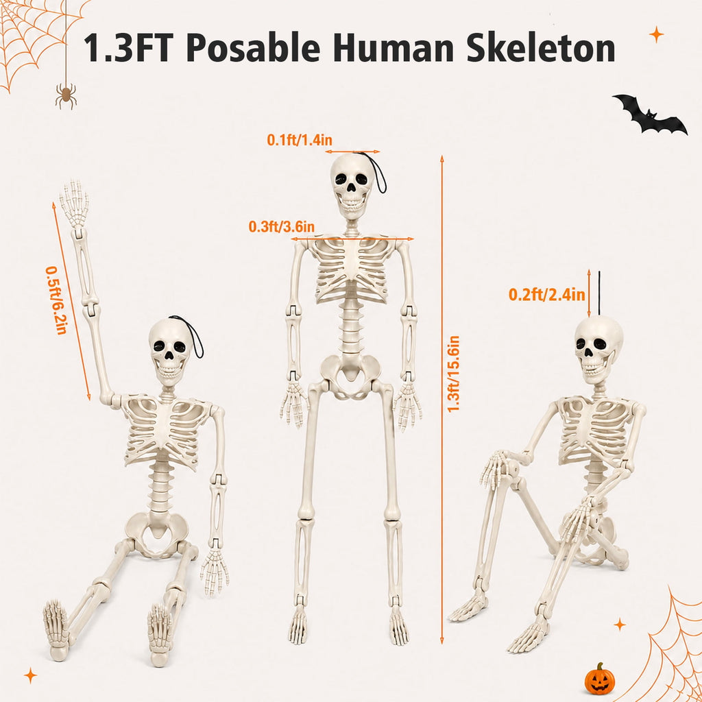 THE BRIVE 5.4ft Life Size Poseable Halloween Skeleton, Movable Joint Plastic Prop for Yard Porch Party Decor