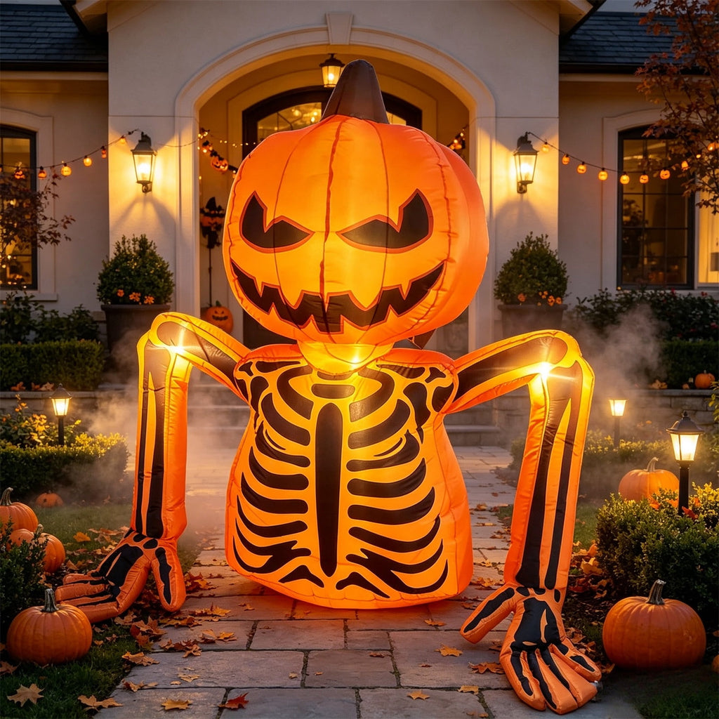 Halloween Inflatables Outdoor 6 Ft Pumpkin Skeleton Blow Up Yard Decoration with Built-in LED Lights Glowing Effect for Lawn Garden Holiday Party Display