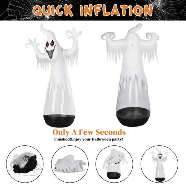 COTINSE 12 FT Halloween Inflatable Ghost with 2 LED Lights & Stage Light, Giant Clear PVC Blow Up Yard Decoration, Black & White