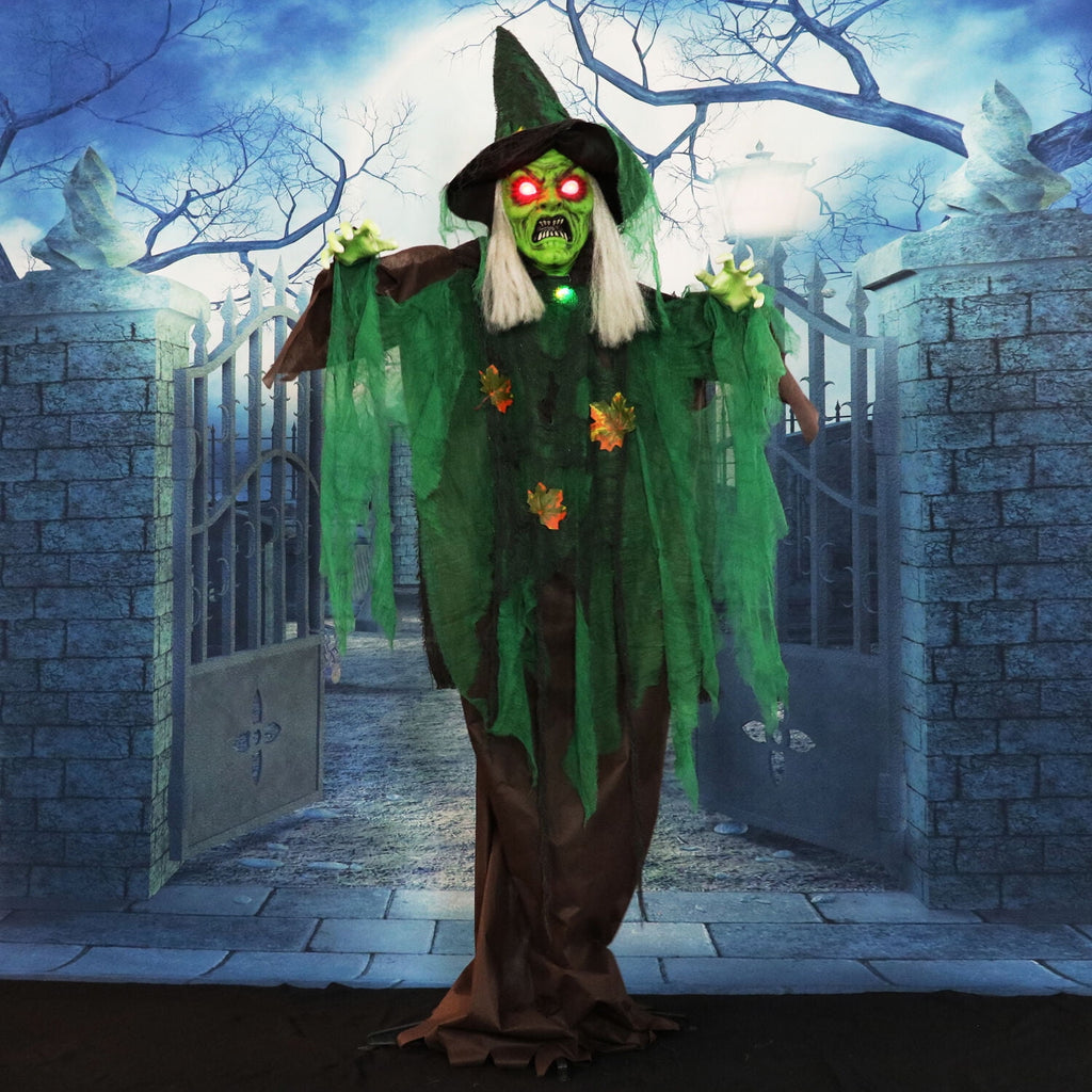 Haunted Hill Farm 6 ft Animatronic Talking Forest Witch with Movement and Lights for Scary Halloween Decoration, HHWITCH-44FLSA
