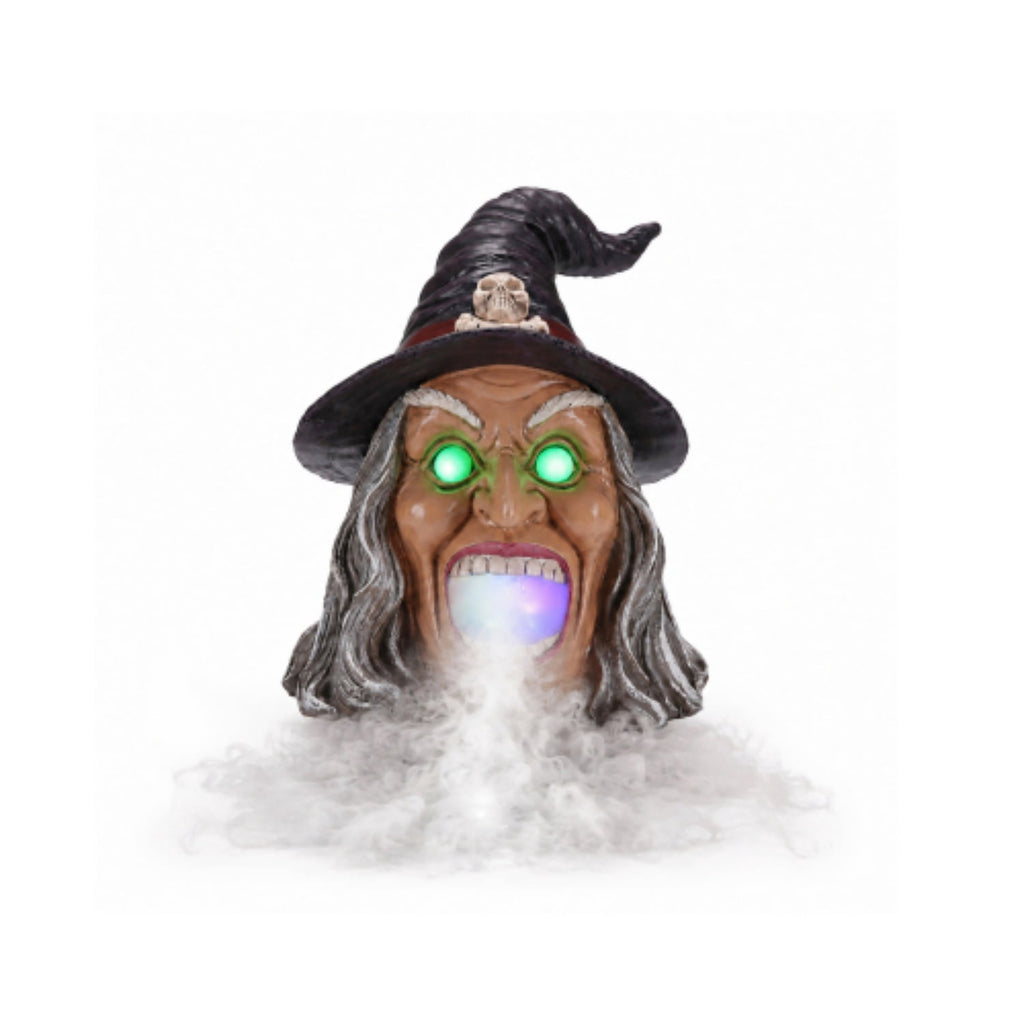 SpookHaven Halloween Jack‑O‑Lantern Pumpkin Mist Sprayer Figurine, LED Light‑Up Fogger with Witch Hat & Skull Decoration, Spooky Ornament for Tabletop Entryway Halloween Party Home Decor
