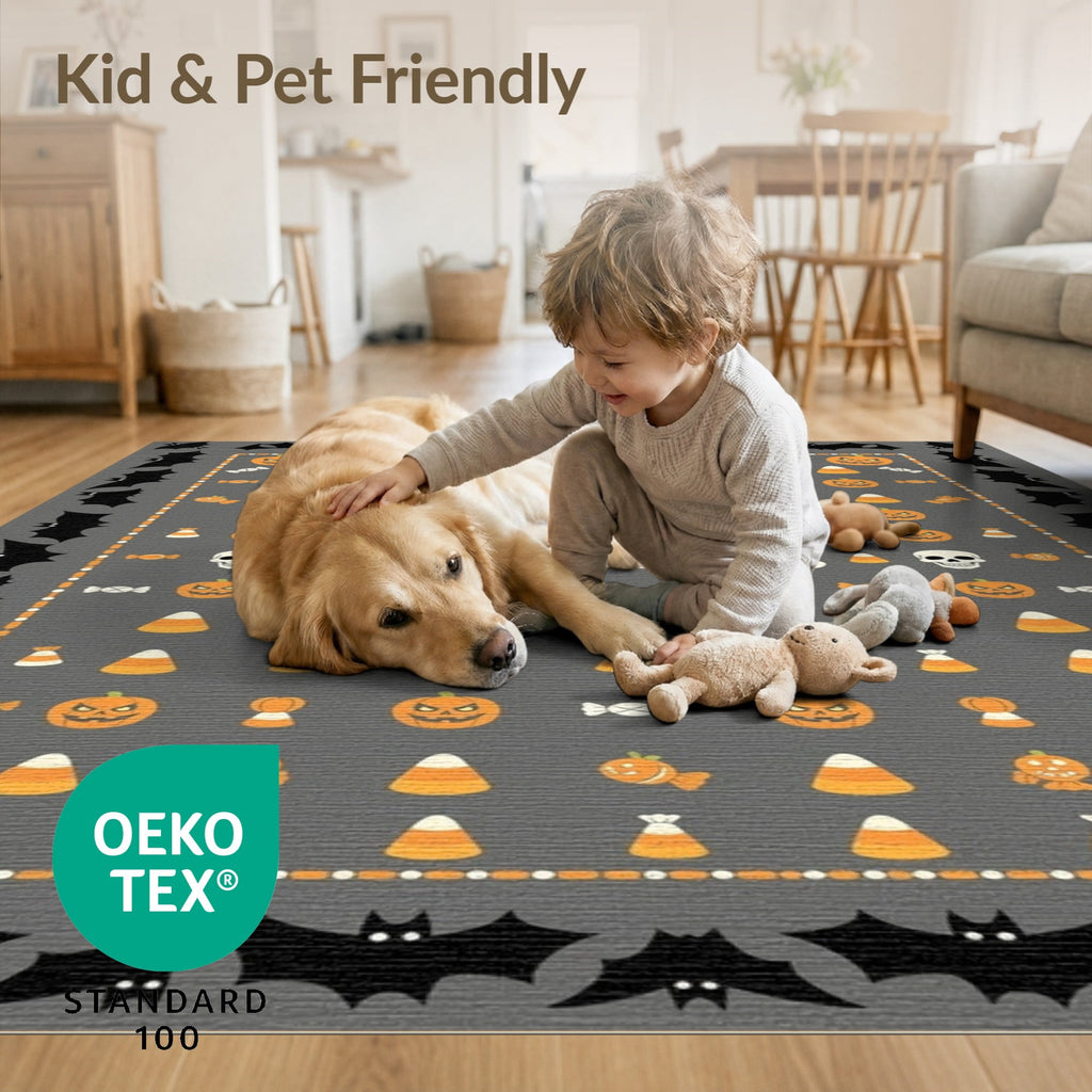 ODIKA 8'x10' Washable Area Rug Halloween Harvest Spirits Grinning Lantern Entrance Doormat Door for Living Room, Under Sectional, Family , Durable, Non-Slip