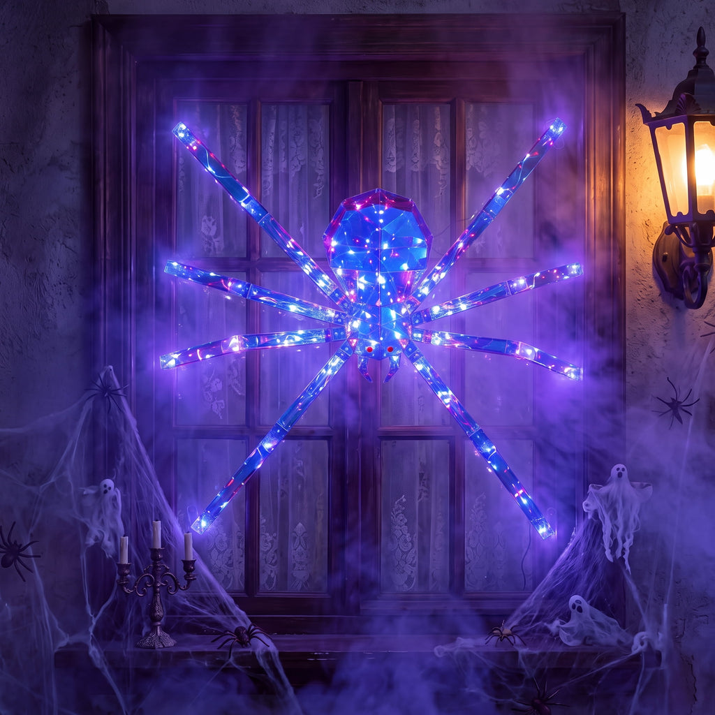47-Inch Prismatic Iridescent Spider Halloween Decoration with 150 LED Lights, Red Glowing Eyes, Metal Base and Ground Stakes