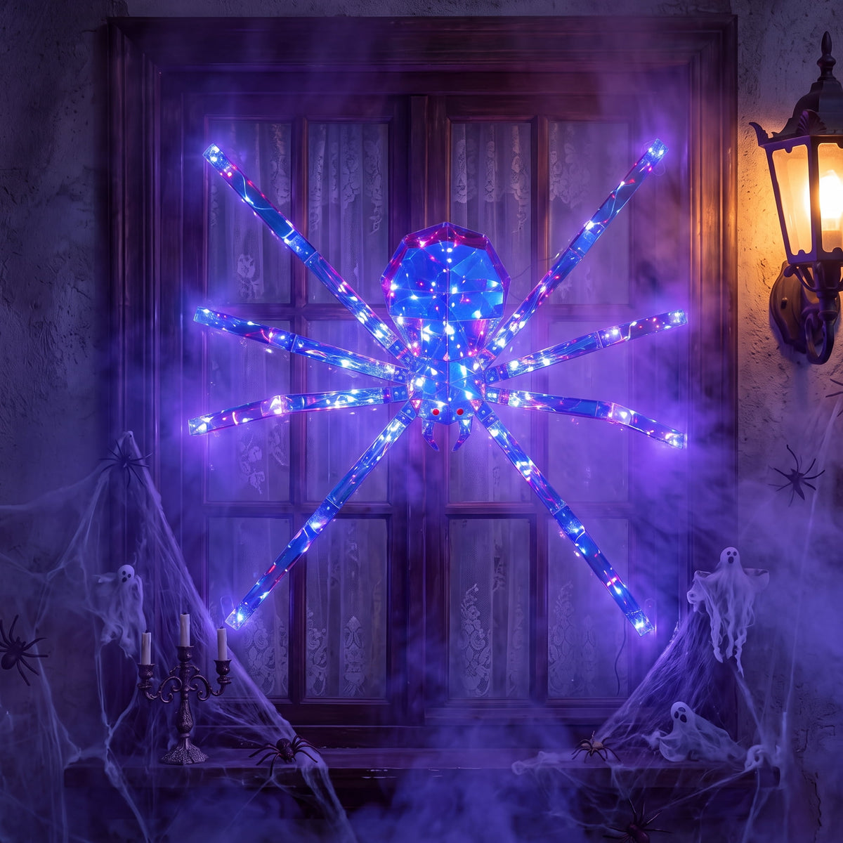 47-Inch Prismatic Iridescent Spider Halloween Decoration with 150 LED Lights, Red Glowing Eyes, Metal Base and Ground Stakes