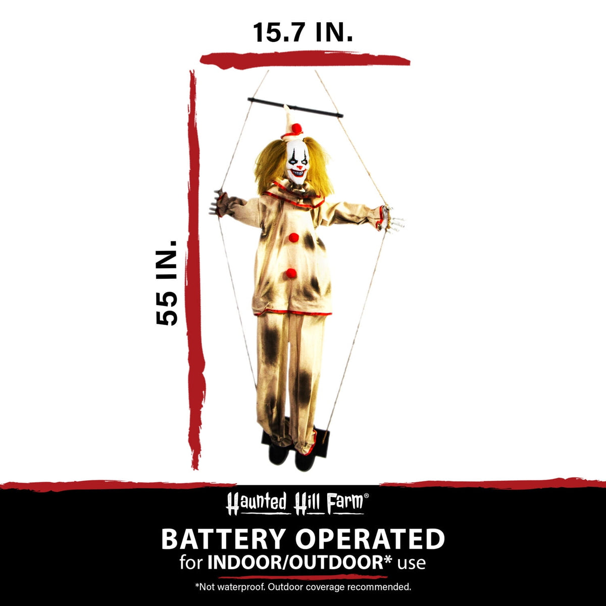 Haunted Hill Farm Animatronic 4.6-Ft. Swinging Clown with Lights and Sound, Indoor or Covered Outdoor Halloween Decoration