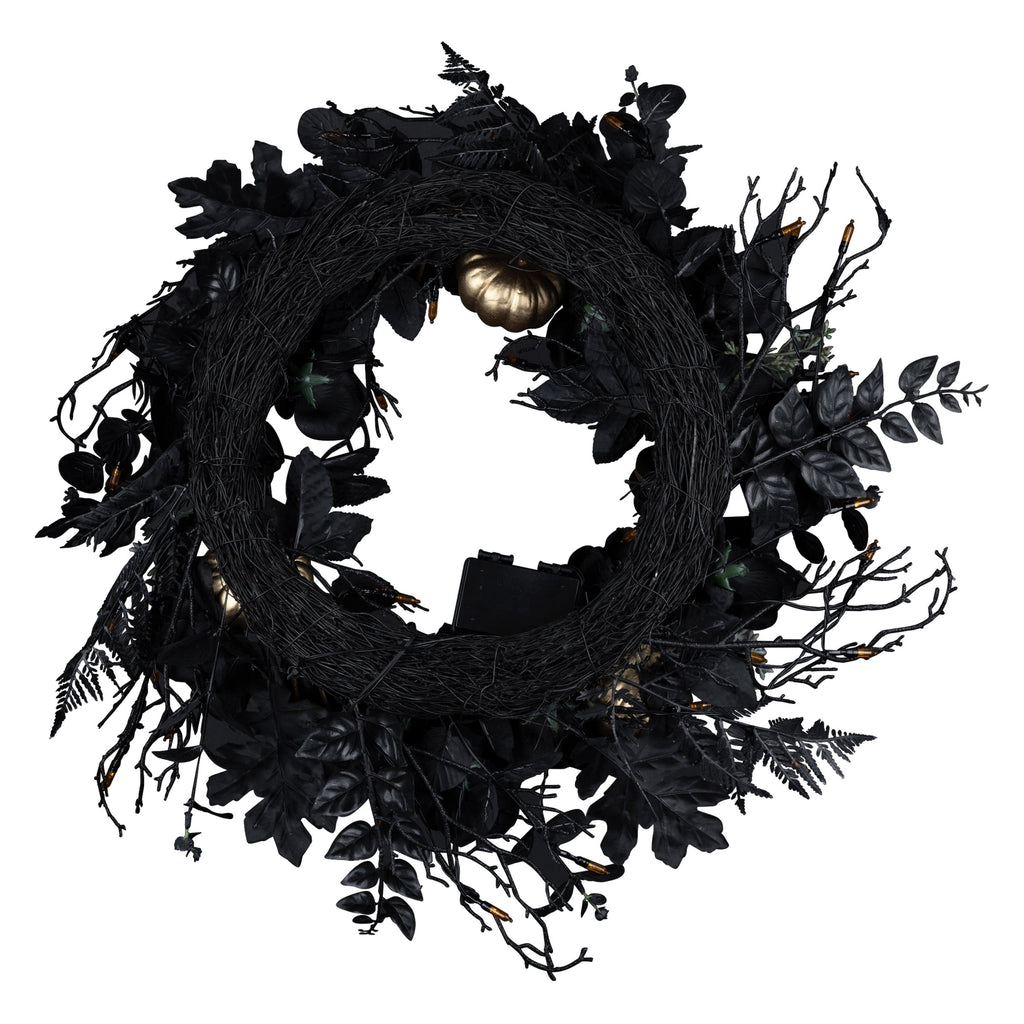 24 in. Artificial Chic Eek Black and Gold Halloween Wreath, 40 Orange LED Lights, Battery Operated
