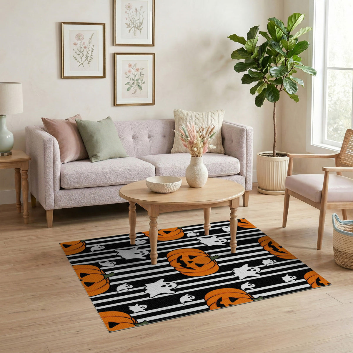 ODIKA Halloween Spooky Pumpkin Phantom Striped Entrance Door Doormat for Playroom, Bedroom, Reading Nook, Pet Friendly & Kids Safe Play