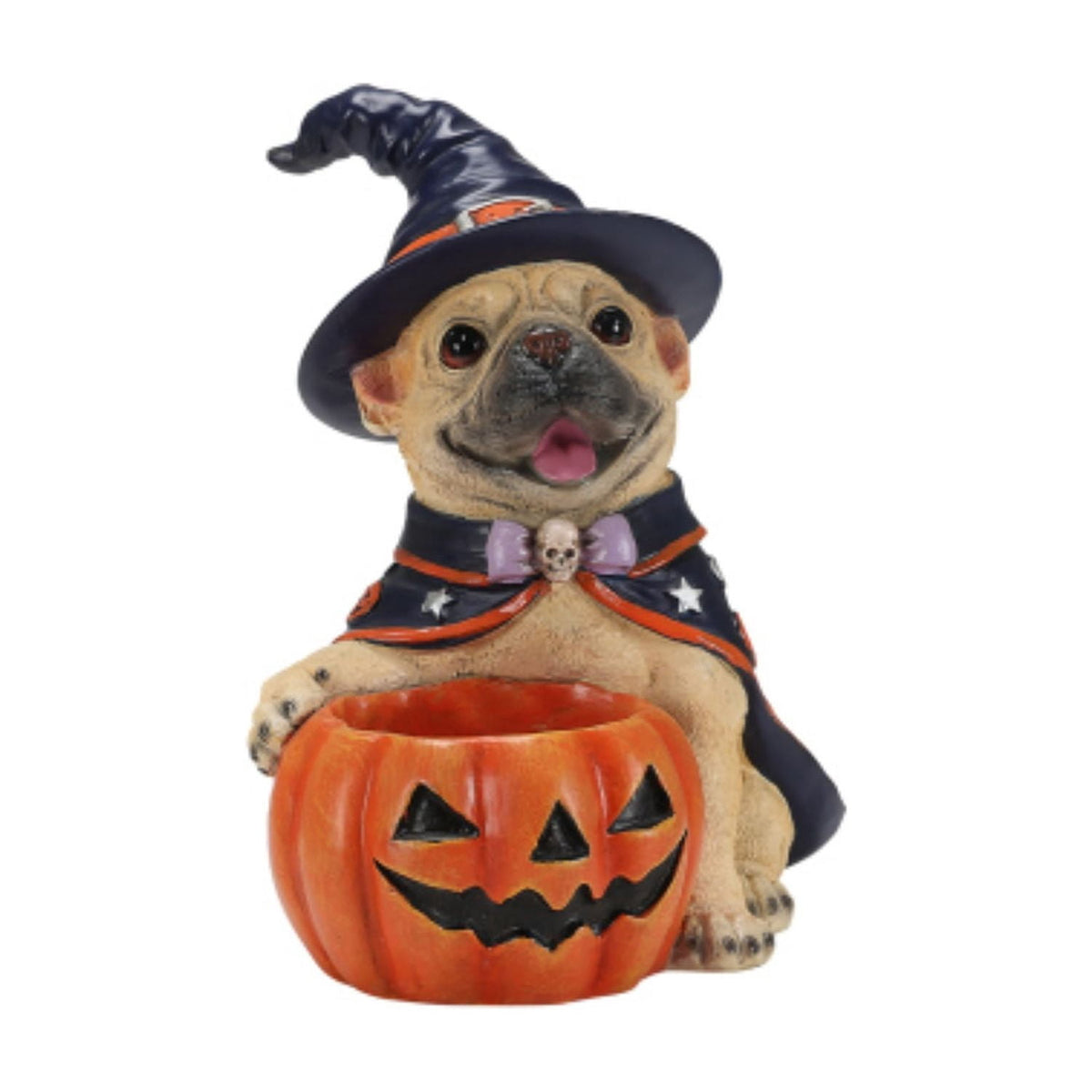 SpookHaven Halloween Jack‑O‑Lantern Pumpkin Mist Sprayer Figurine, LED Light‑Up Fogger with Witch Hat & Skull Decoration, Spooky Ornament for Tabletop Entryway Halloween Party Home Decor