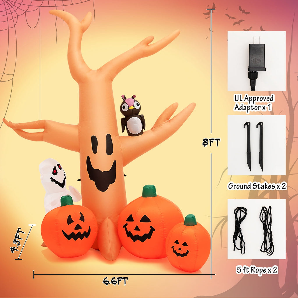 Topbuy 8FT Halloween Inflatable Decoration, Blow Up Dead Tree w/ Waterproof Air Blower Built-in LED Lights 2 Ropes & Stakes Holiday Decor w/ Ghost Owl Pumpkin for Yard Garden Lawn