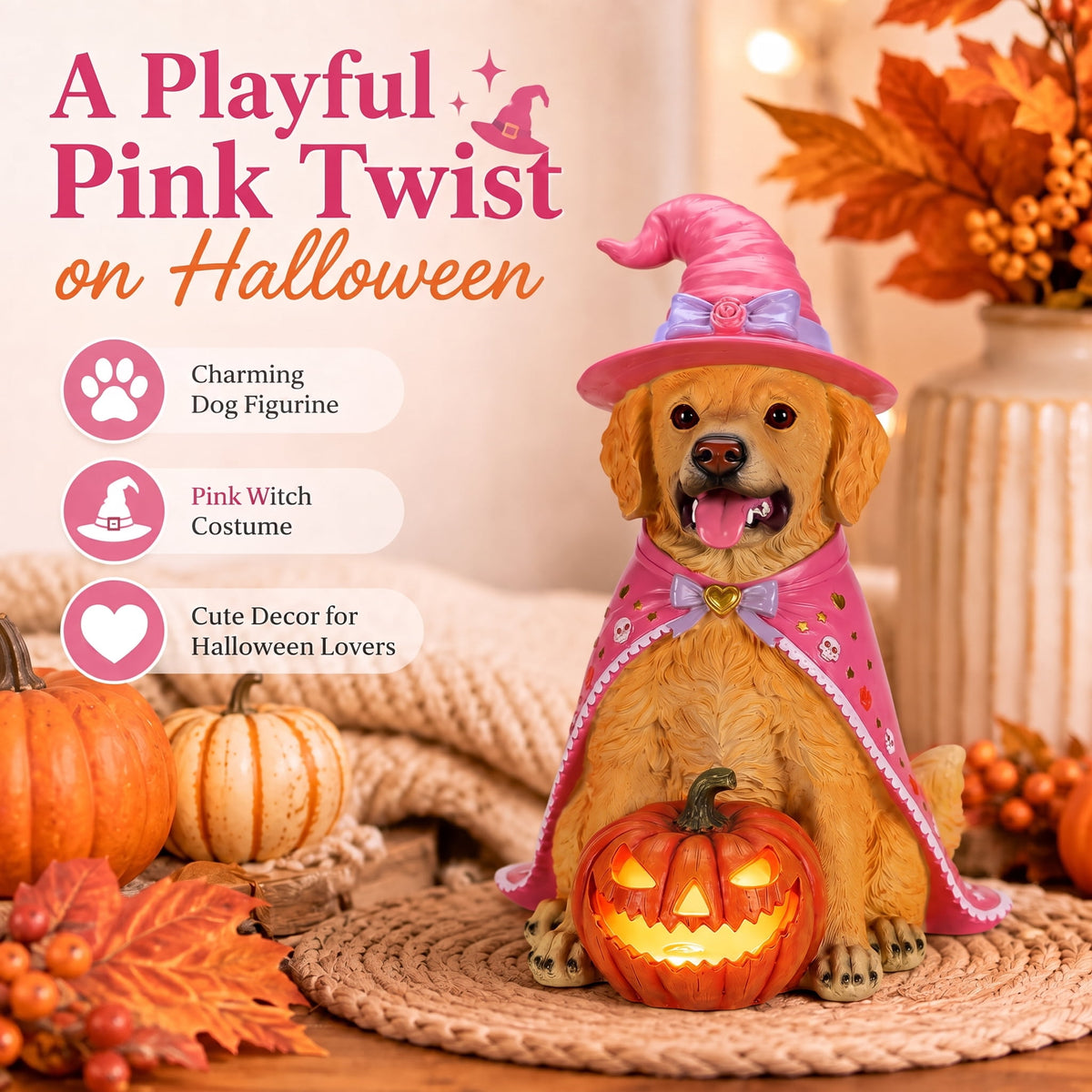 A7Store Halloween Golden Retrieve Dog Indoor Outdoor Porch Statue with Lighted Pumpkin, Pink Witch Hat and Cape