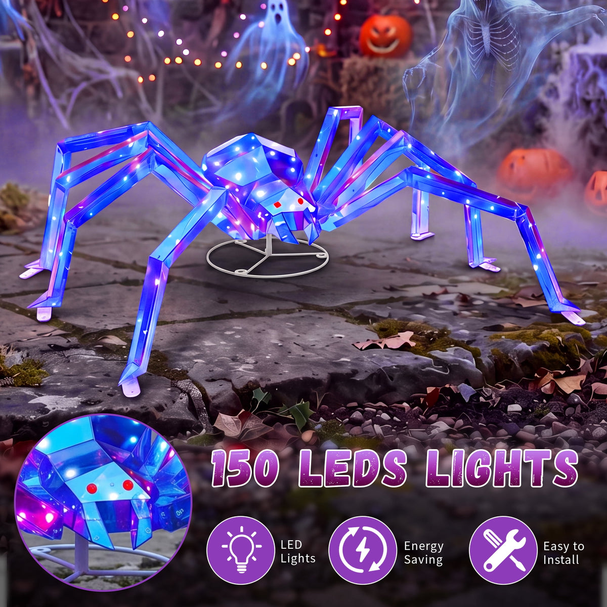 47-Inch Prismatic Iridescent Spider Halloween Decoration with 150 LED Lights, Red Glowing Eyes, Metal Base and Ground Stakes