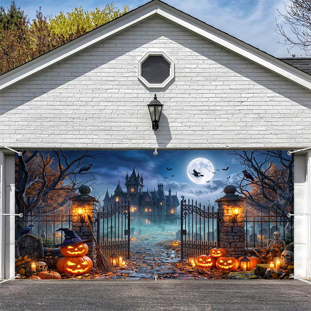 16X7ft Halloween Garage Door Cover Decorations, Spooky Skeletons Pumpkin Large Garage Wall Backdrop Hanging Banner for Halloween Yard Indoor Outdoor Party Decor