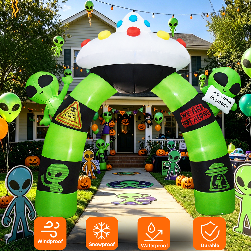 KINQUINN 10 FT Giant Halloween Inflatables Alien UFO Arch Outdoor Decorations, Blow Up Alien Archway with LED Lights, Blow Up Yard Decor for Garden, Lawn, Home, Indoor, Outside, Party, Porch