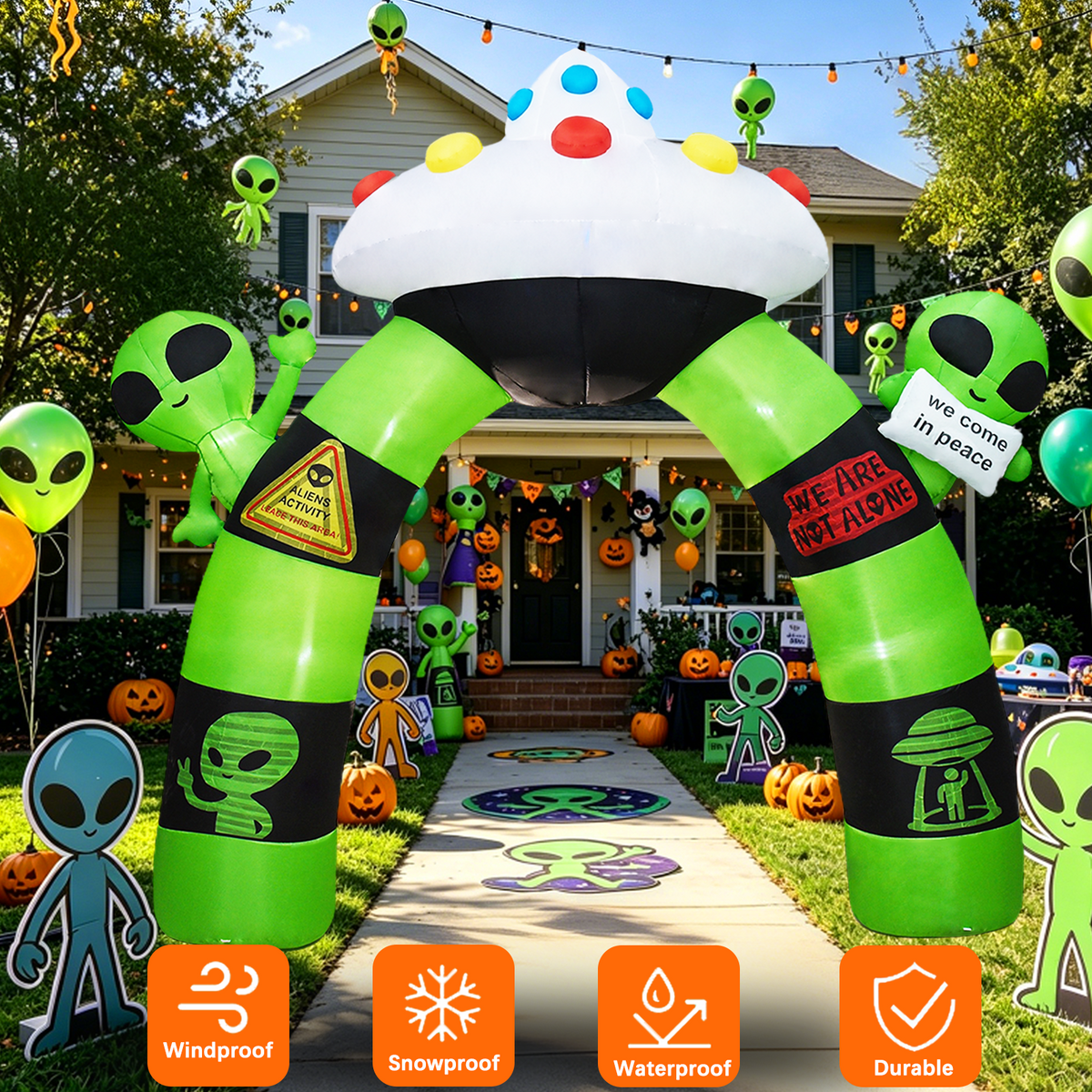 KINQUINN 10 FT Giant Halloween Inflatables Alien UFO Arch Outdoor Decorations, Blow Up Alien Archway with LED Lights, Blow Up Yard Decor for Garden, Lawn, Home, Indoor, Outside, Party, Porch