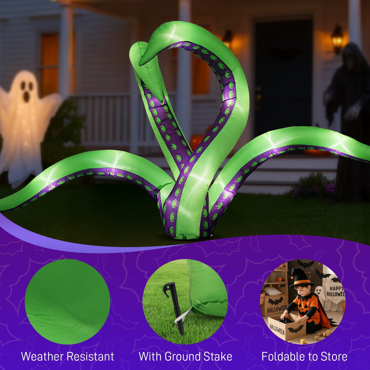 2 Pack Halloween Inflatable Octopus Tentacles Outdoor Decorations, Blow Up Hanging Decoration with Built-in LED Lights, Striking Window Decor for Halloween Party Outdoor Yard Garden Lawn Décor