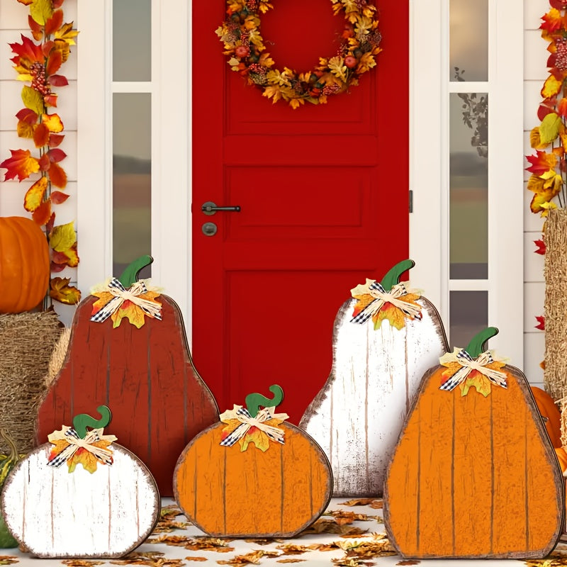 5pcs Large Farmhouse Fall Decorations - Rustic Wooden Standing Harvest Centerpieces with Pumpkin, White/Orange/Red/Brown/Beige - Artificial Wood Porch, Mantel, Table Decor for Thanksgiving, Halloween