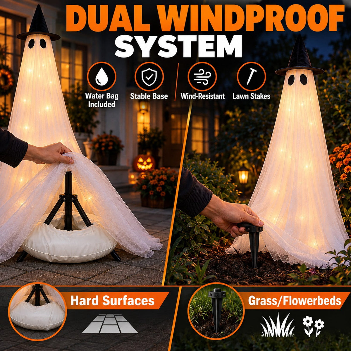 Light Up Halloween Ghost Decor 8 Modes Dual Power 5ft 2 Pack