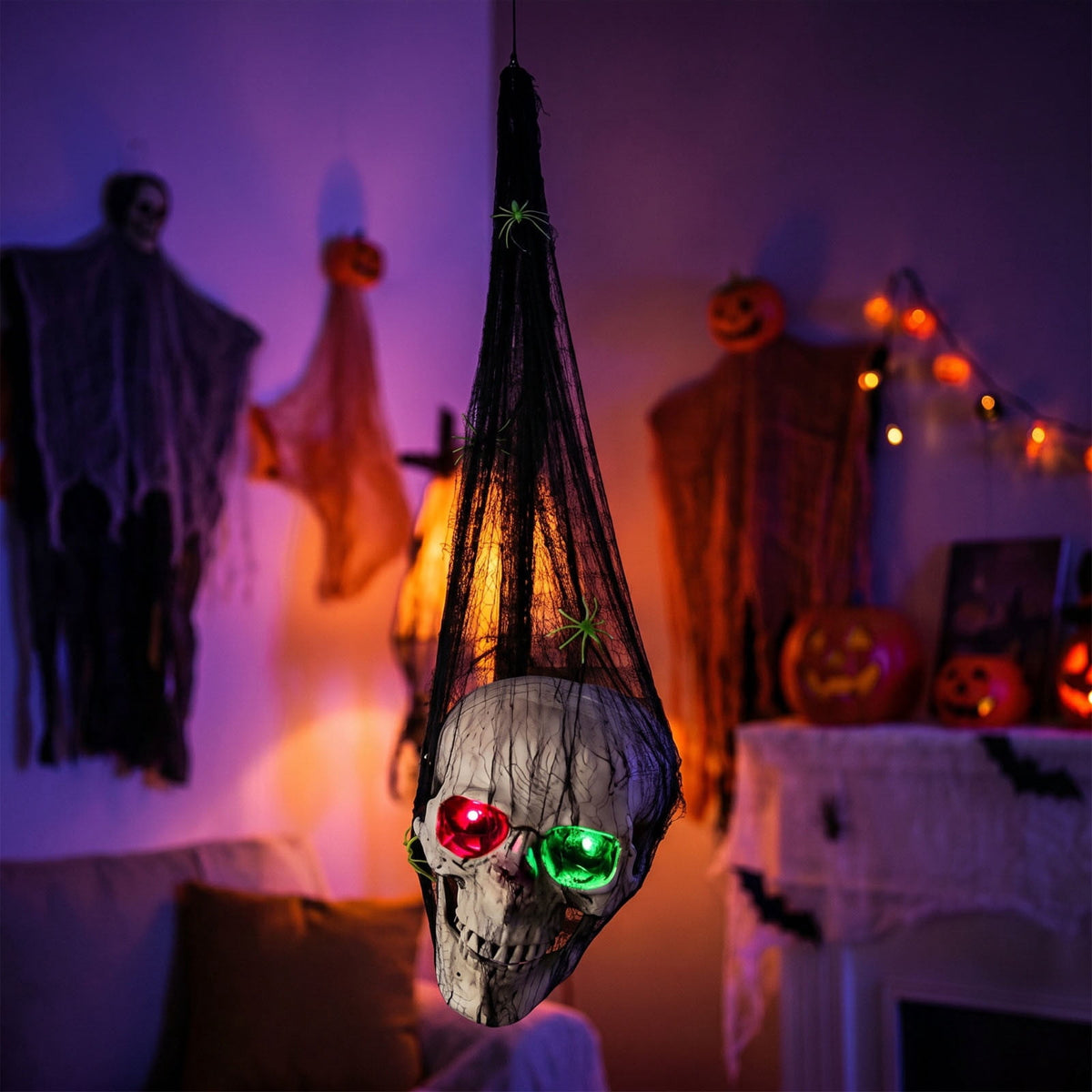 Spooky Hanging Skull Decoration 25.6 Inch Glowing Led Eyes Skeleton Ornament for Halloween Yard, Porch, Door, Tree, Window, Gothic Party Decor