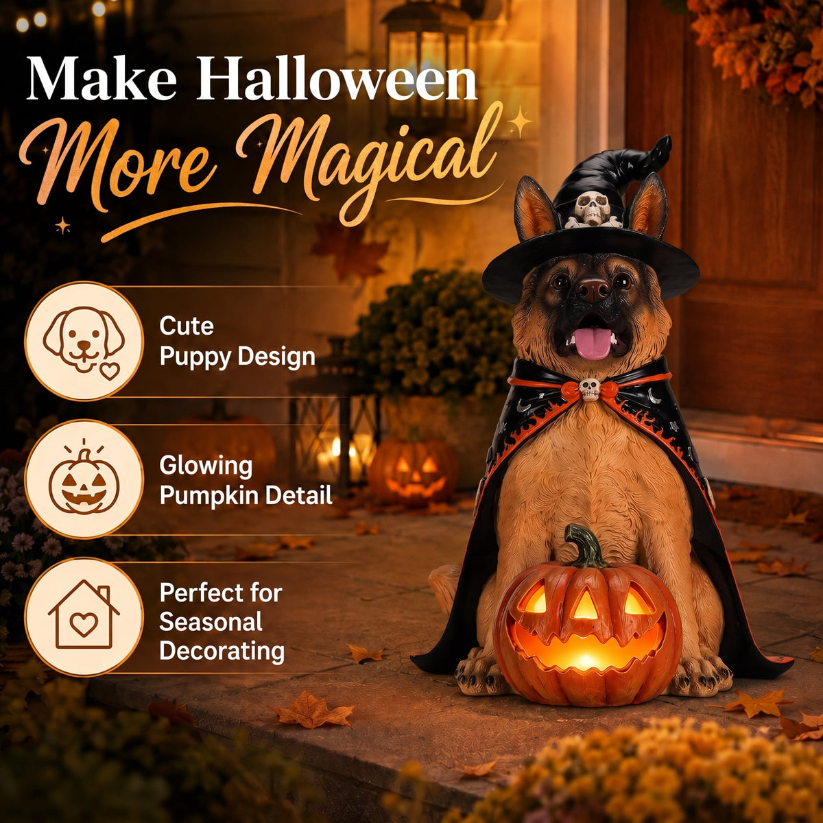 A7Store Halloween Golden Retrieve Dog Indoor Outdoor Porch Statue with Lighted Pumpkin, Pink Witch Hat and Cape
