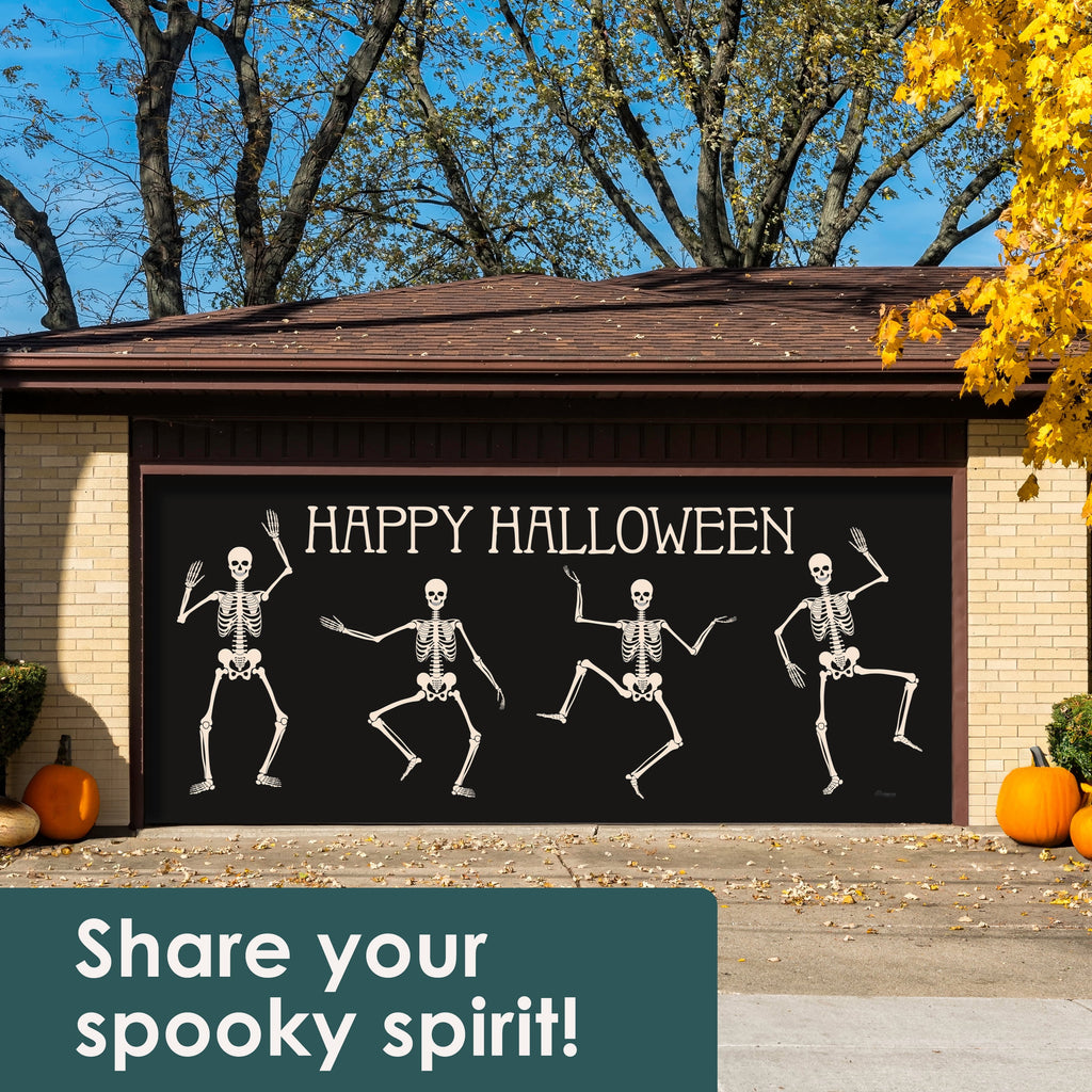 7' x 16' Skeletons Halloween Garage Door Banner - Lively & Spooky Double Garage Door Decorations