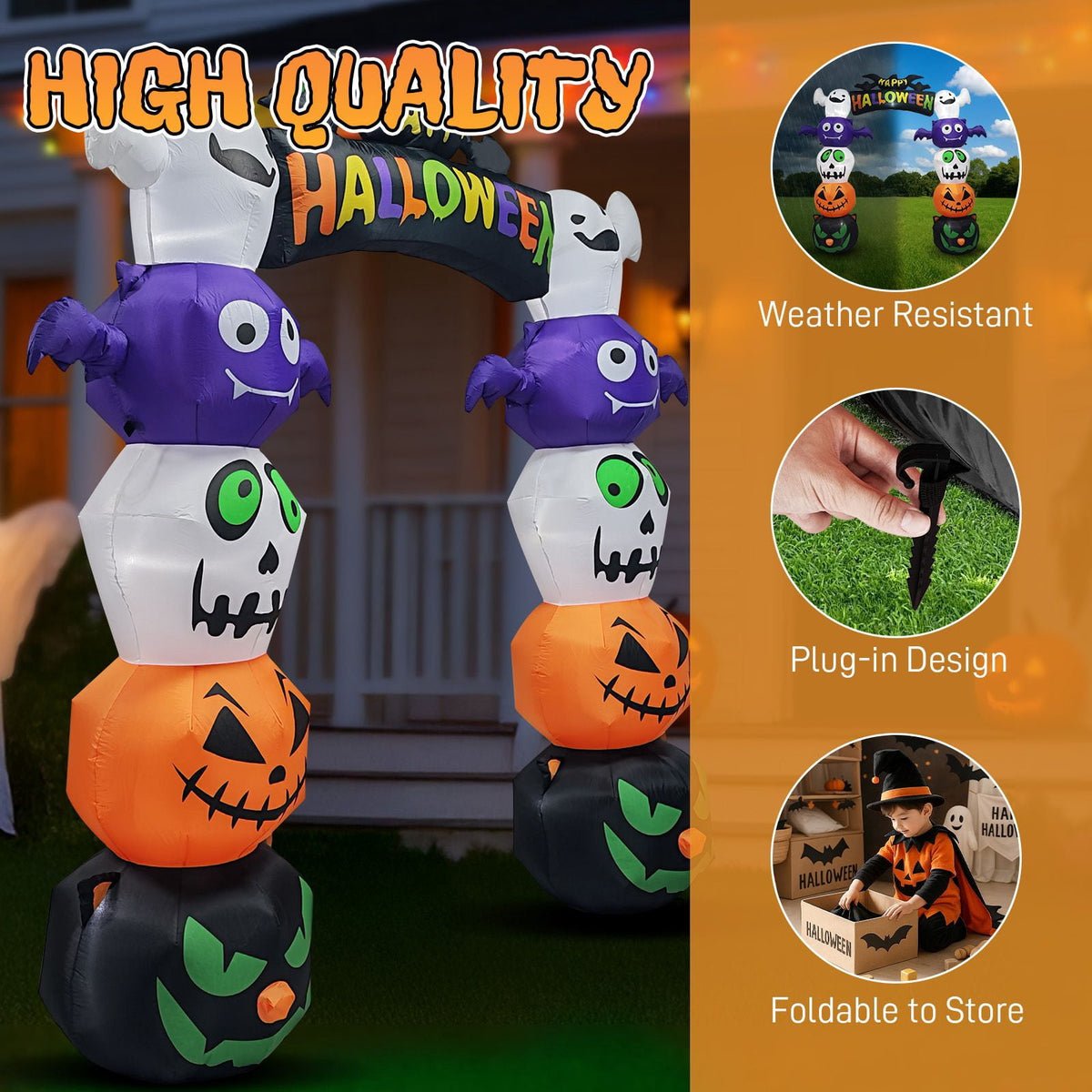 8.2FT Halloween Inflatable Pumpkin Archway with Built-in LED Lights Waterproof Polyester Blow Up Yard Decoration for Garden Party Walkway