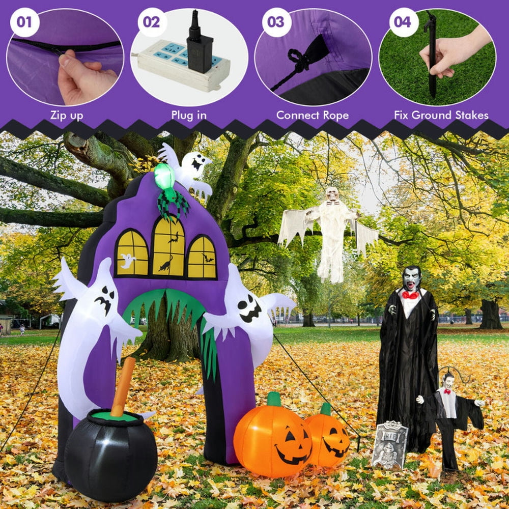 Spaco 9 Feet Tall Halloween Inflatable Castle Archway Decor with Spider Ghosts and Built-in LED Lights, Halloween Inflatable Castle Archway Decor, Perfect Decoration for Halloween, Purple