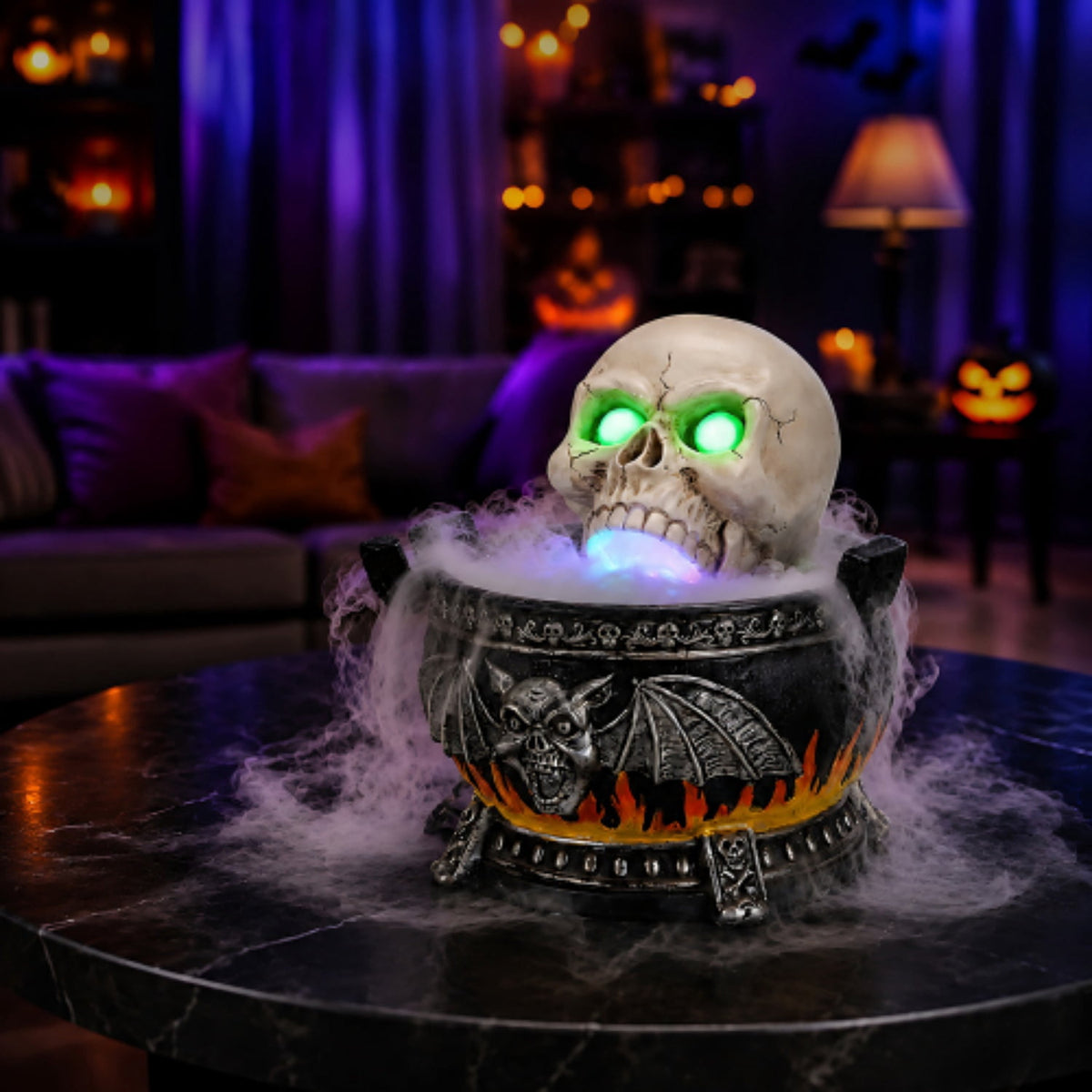 SpookHaven Halloween Jack‑O‑Lantern Pumpkin Mist Sprayer Figurine, LED Light‑Up Fogger with Witch Hat & Skull Decoration, Spooky Ornament for Tabletop Entryway Halloween Party Home Decor