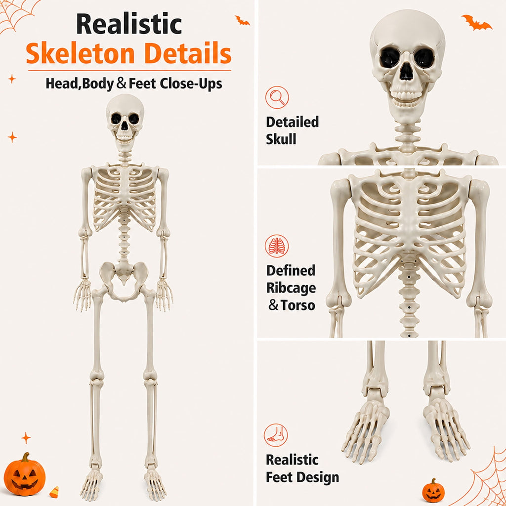 THE BRIVE 5.4ft Life Size Poseable Halloween Skeleton, Movable Joint Plastic Prop for Yard Porch Party Decor