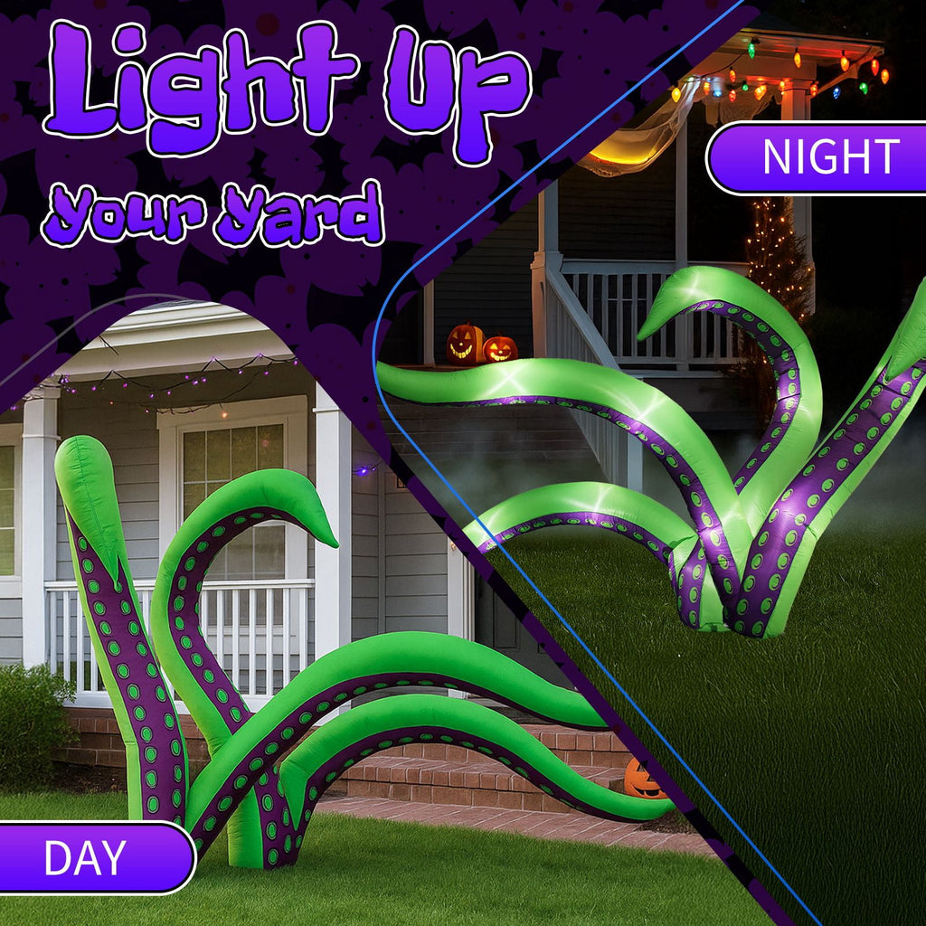 2 Pack 6.9FT Inflatable Octopus Tentacles Halloween Decor with Built in White LED Lights Waterproof Polyester Outdoor Inflatable Ornament for Window Rooftop Yard Party