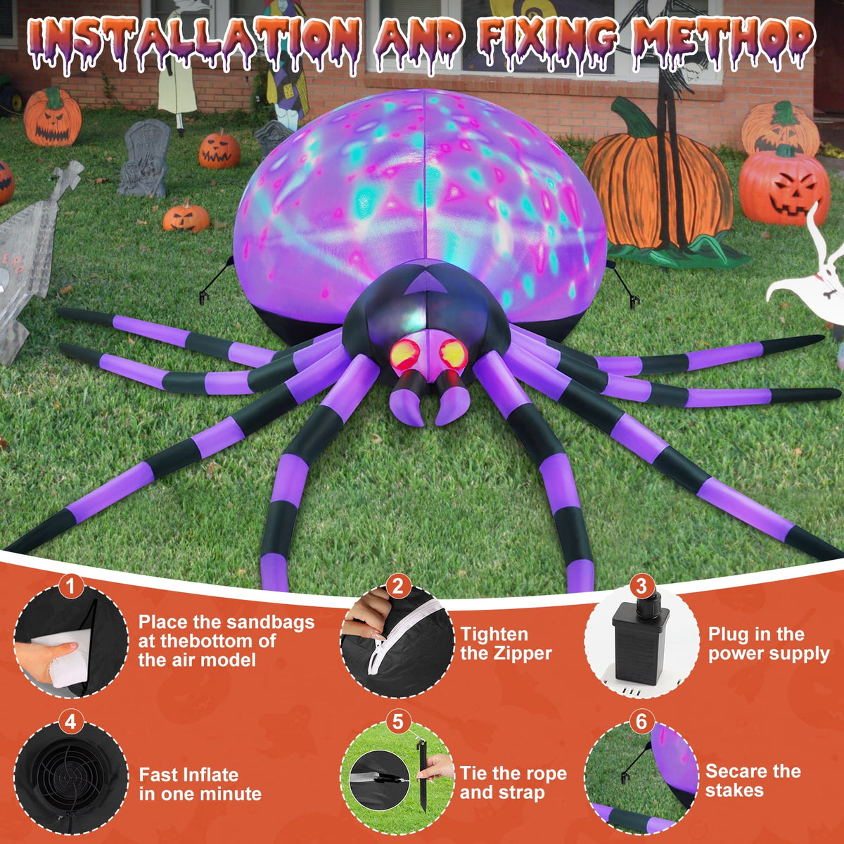 Yexmas 12FT Halloween Inflatables Outdoor Decorations Giant Spider Decorations with LED Lights and Air Pump Blow up Inflatable Green