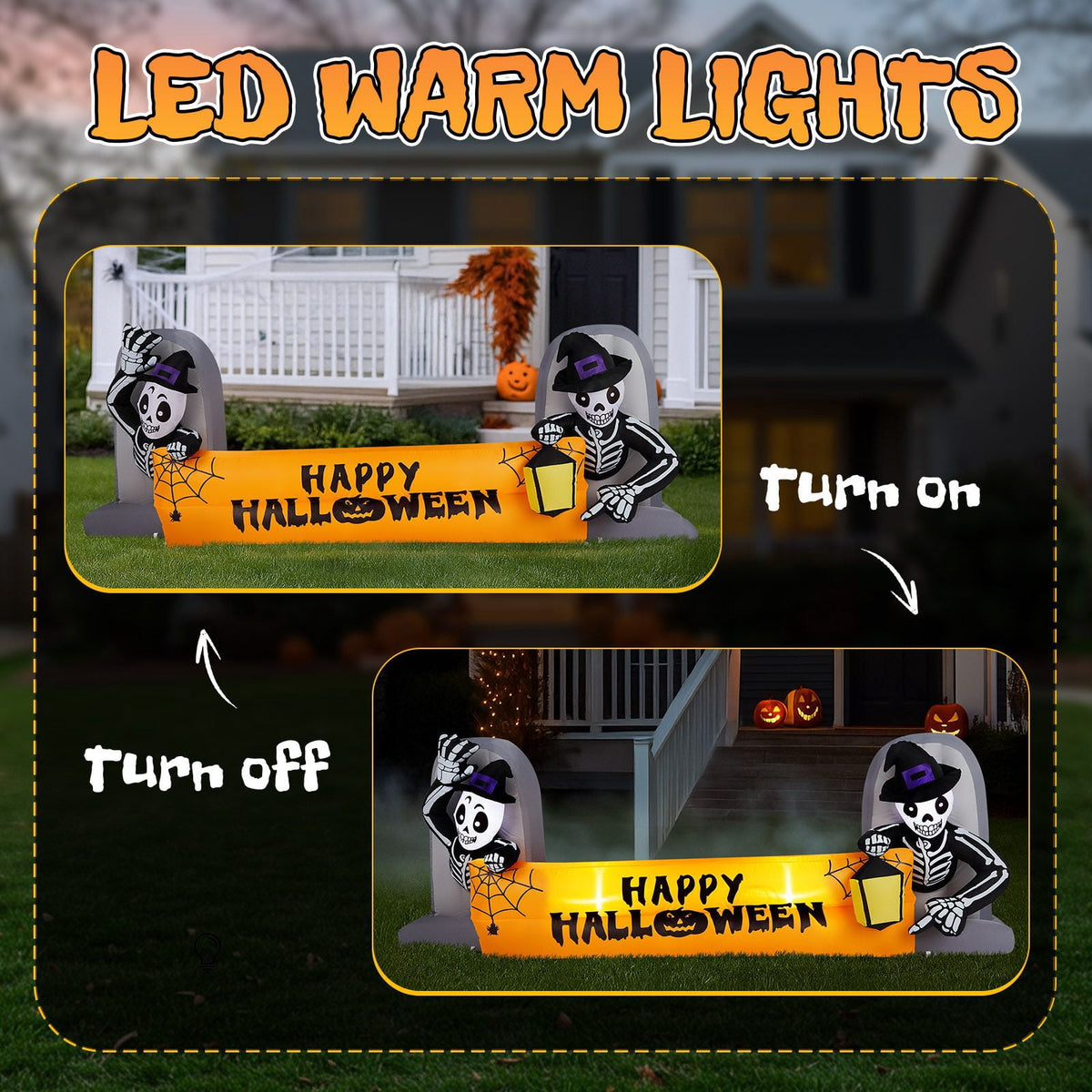 9.6FT Inflatable Skeleton Holding Happy Halloween Banner with LED Lights for Yard Garden Party